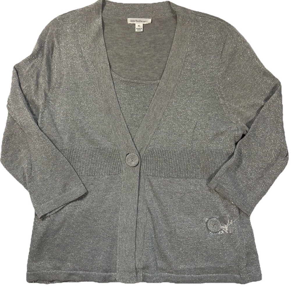 John Paul Richard Women’s Silver Metallic Cardigan Shimmer Button Front Size XL